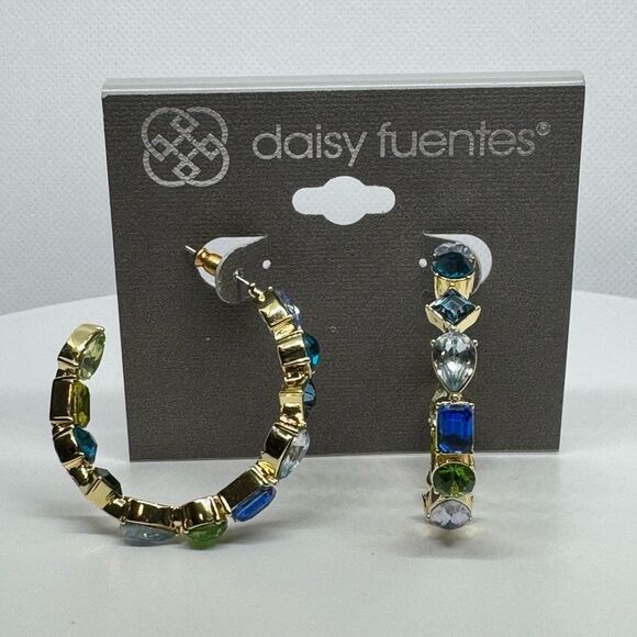 Daisy Fuentes Gold Tone Open Hoop Inside Outside Crystal Earrings 1.5 inch - Picture 6 of 8